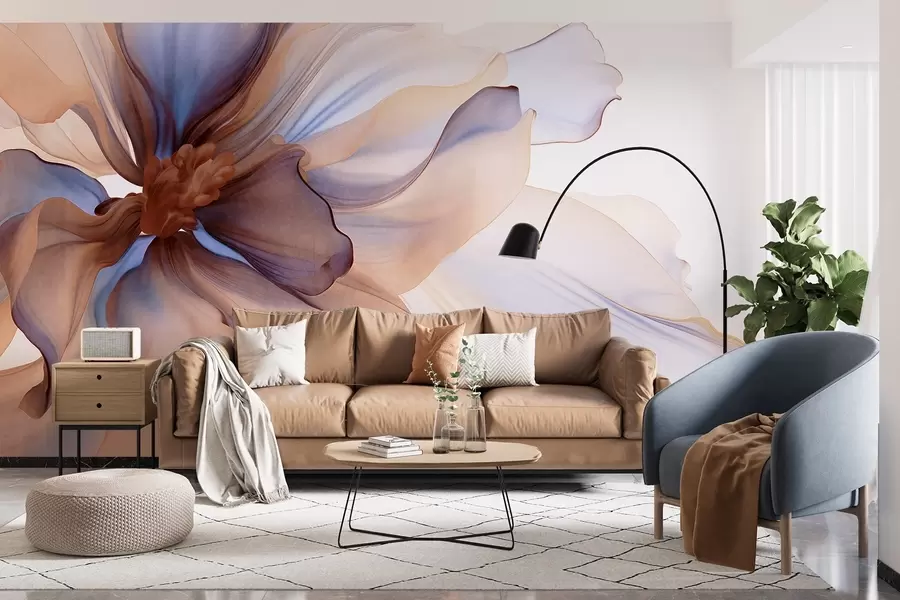 Fototapete Detaillierte, großflächige Blume mit weißen, blauen und braunen Blütenblättern auf weißem Hintergrund w09498