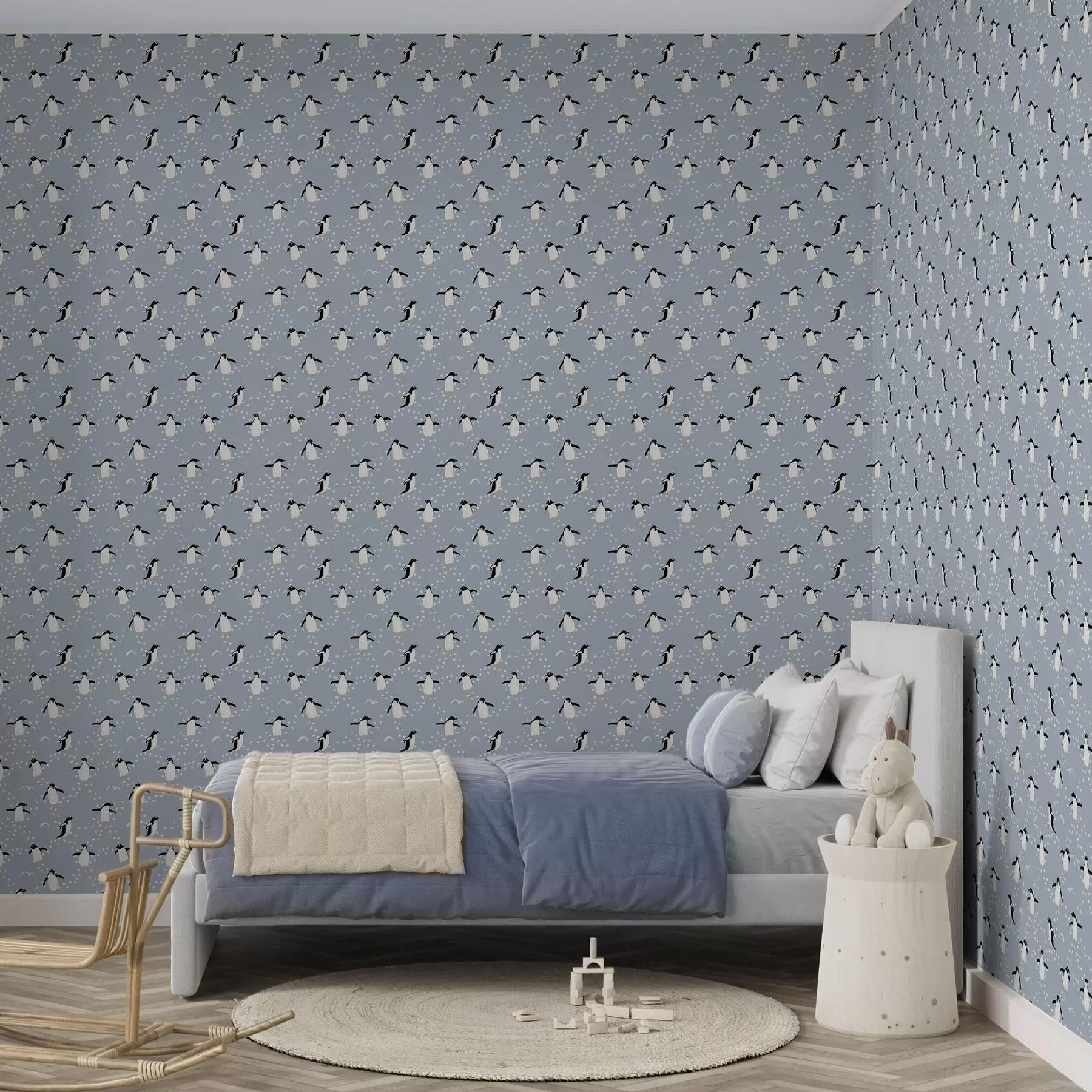 fototapeter Pingviner på gråblå baggrund med fodaftryk a00655