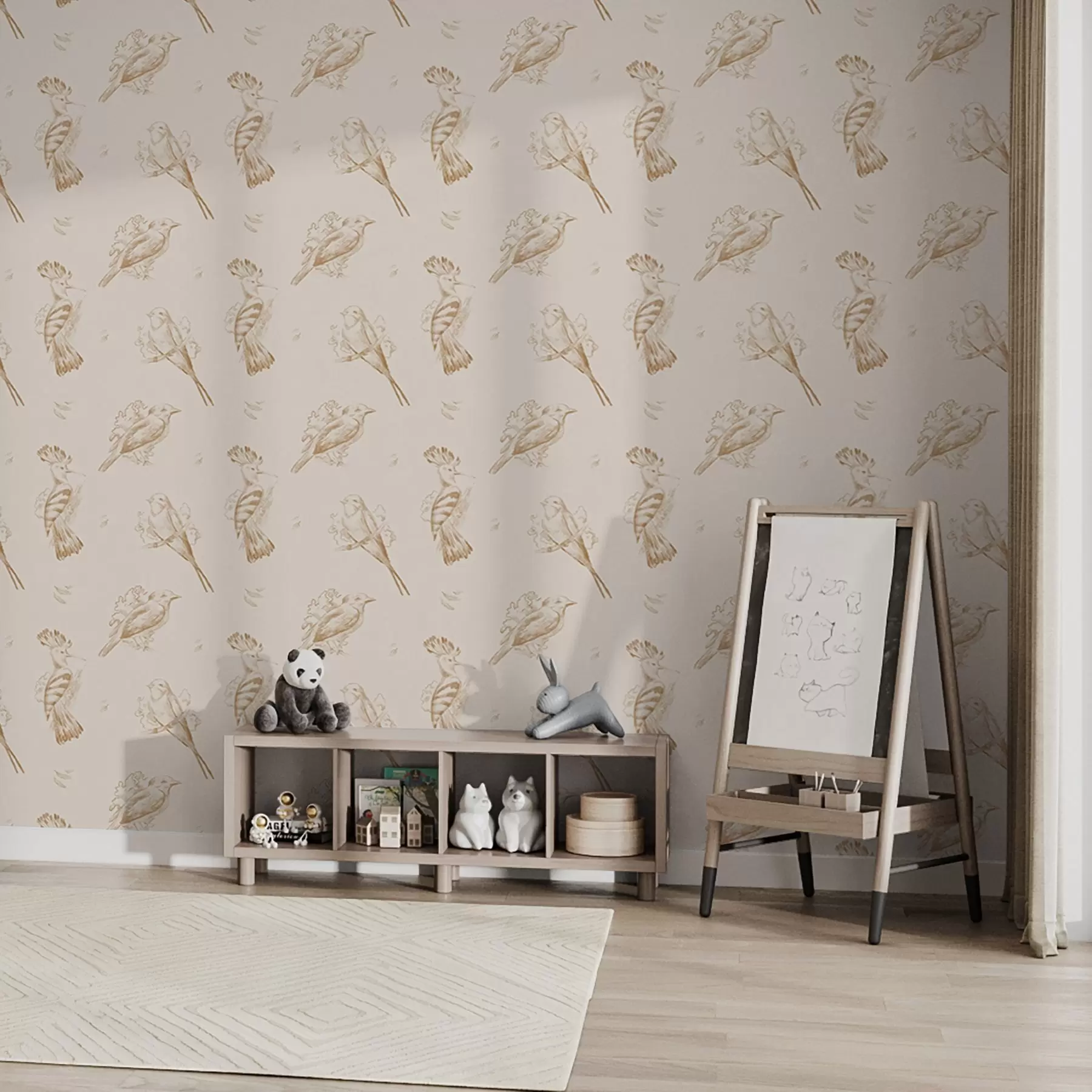 Murale Toile d'oiseaux : croquis d'oiseaux sur fond beige chaud a00656v3