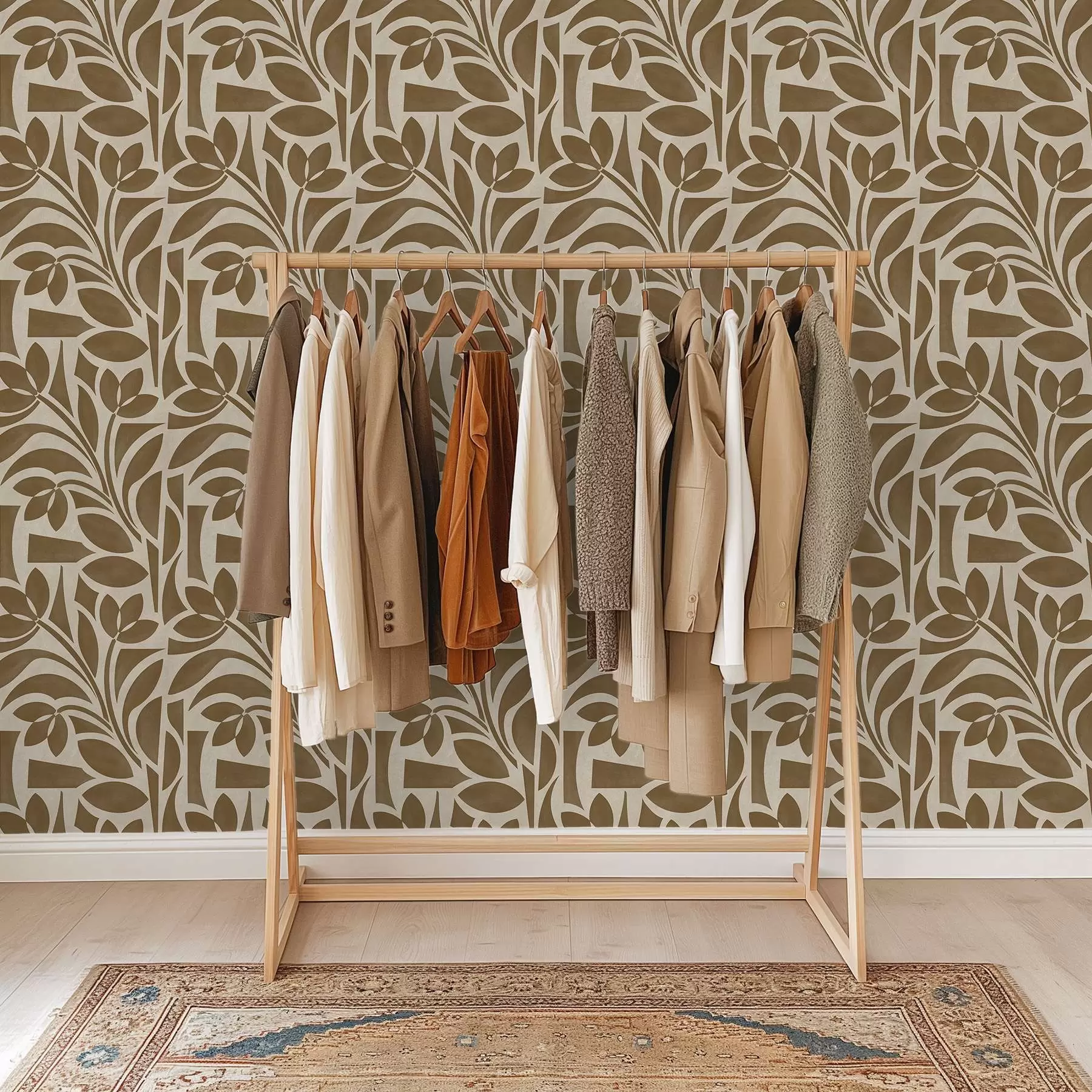 Murale Silhouettes géométriques de feuilles, brun caramel sur fond beige a00679