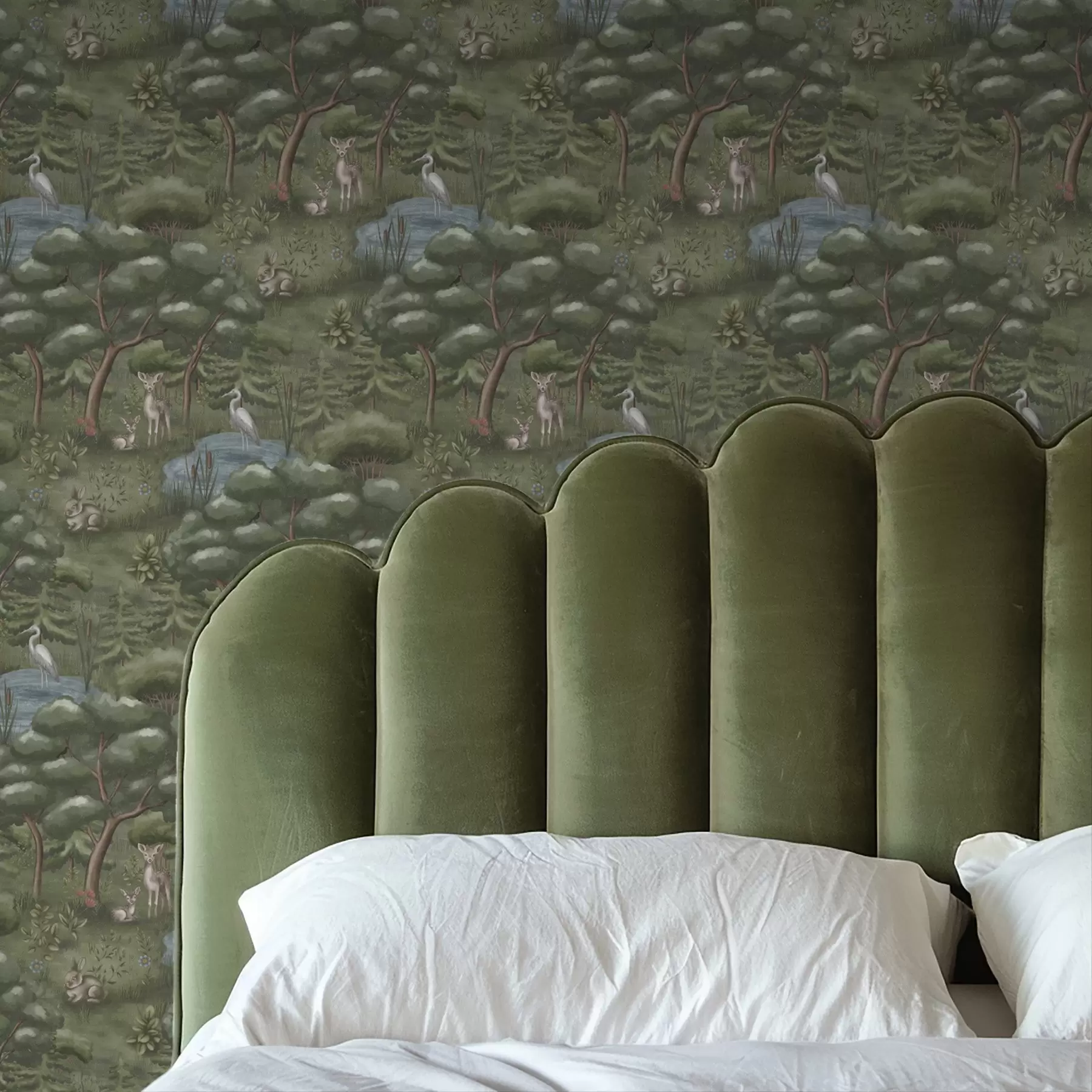 Murale Clairière avec faons, lapins et hérons a00680