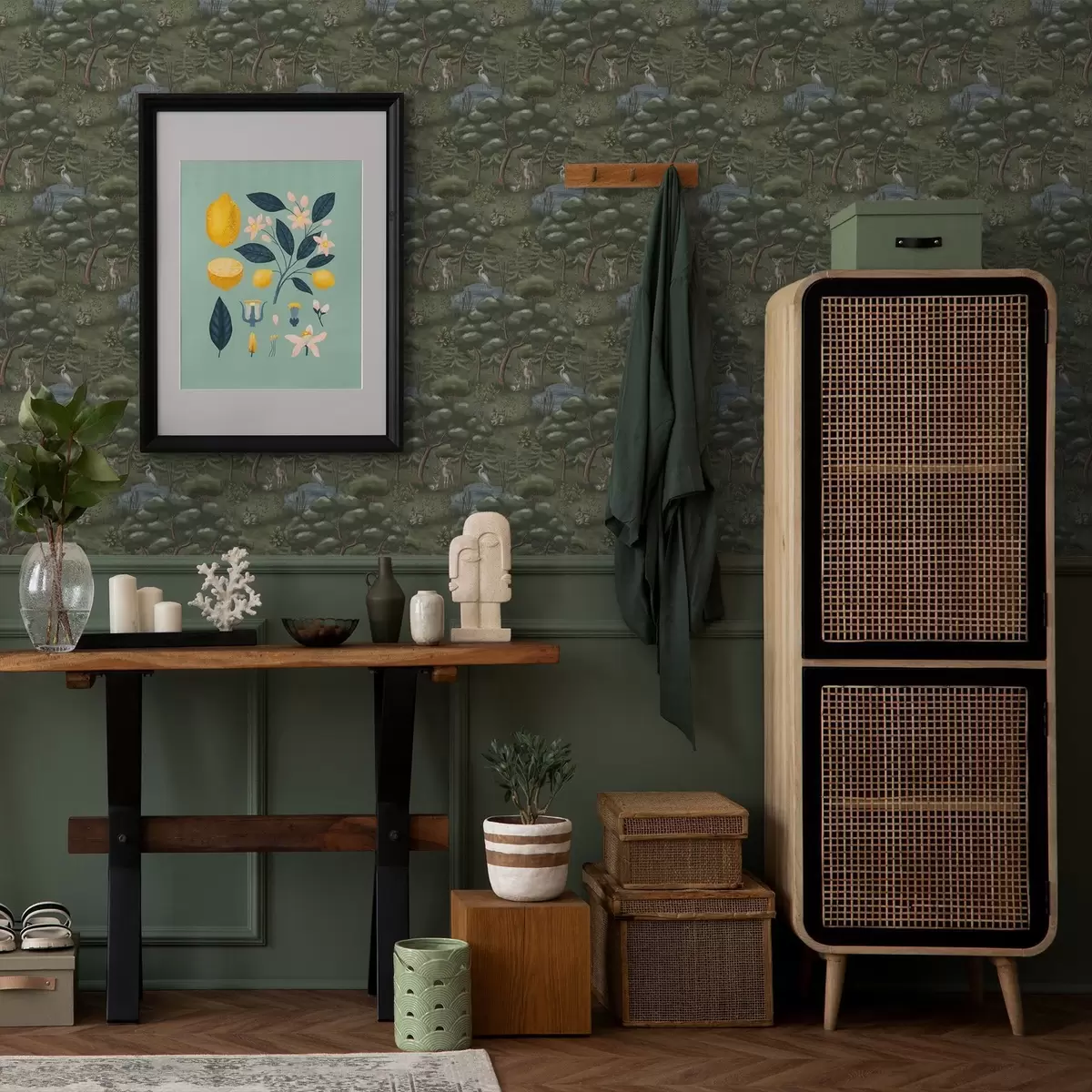 Baggrund Skovlysning med rådyr, kaniner og hejrer a00680