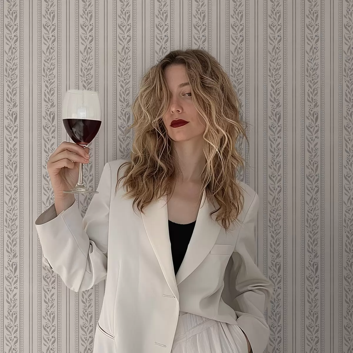 Papier peint Rayures avec dentelle et brindilles gris-beige a00814