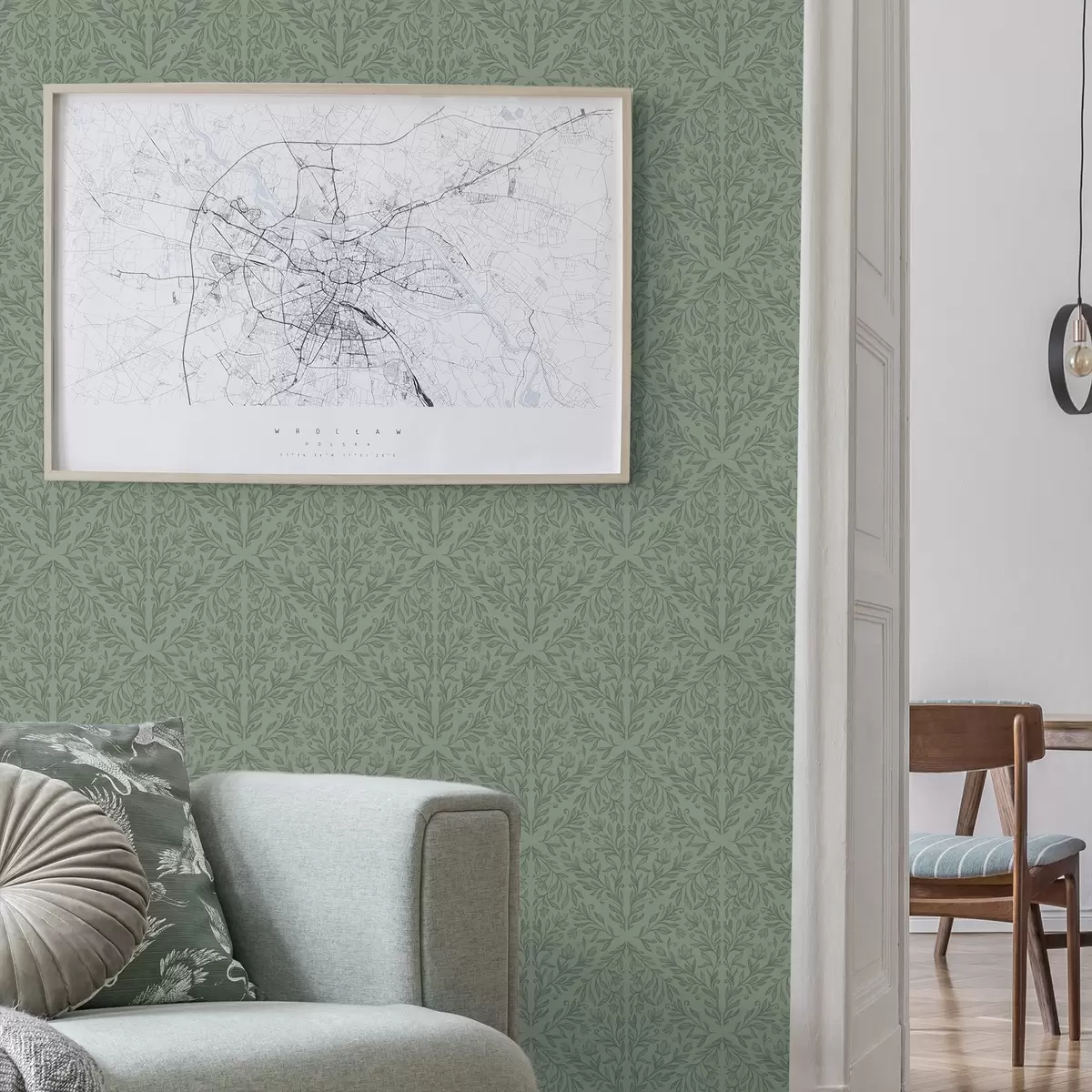 Baggrund Fin botanisk damask i dæmpet grøn a00815v1