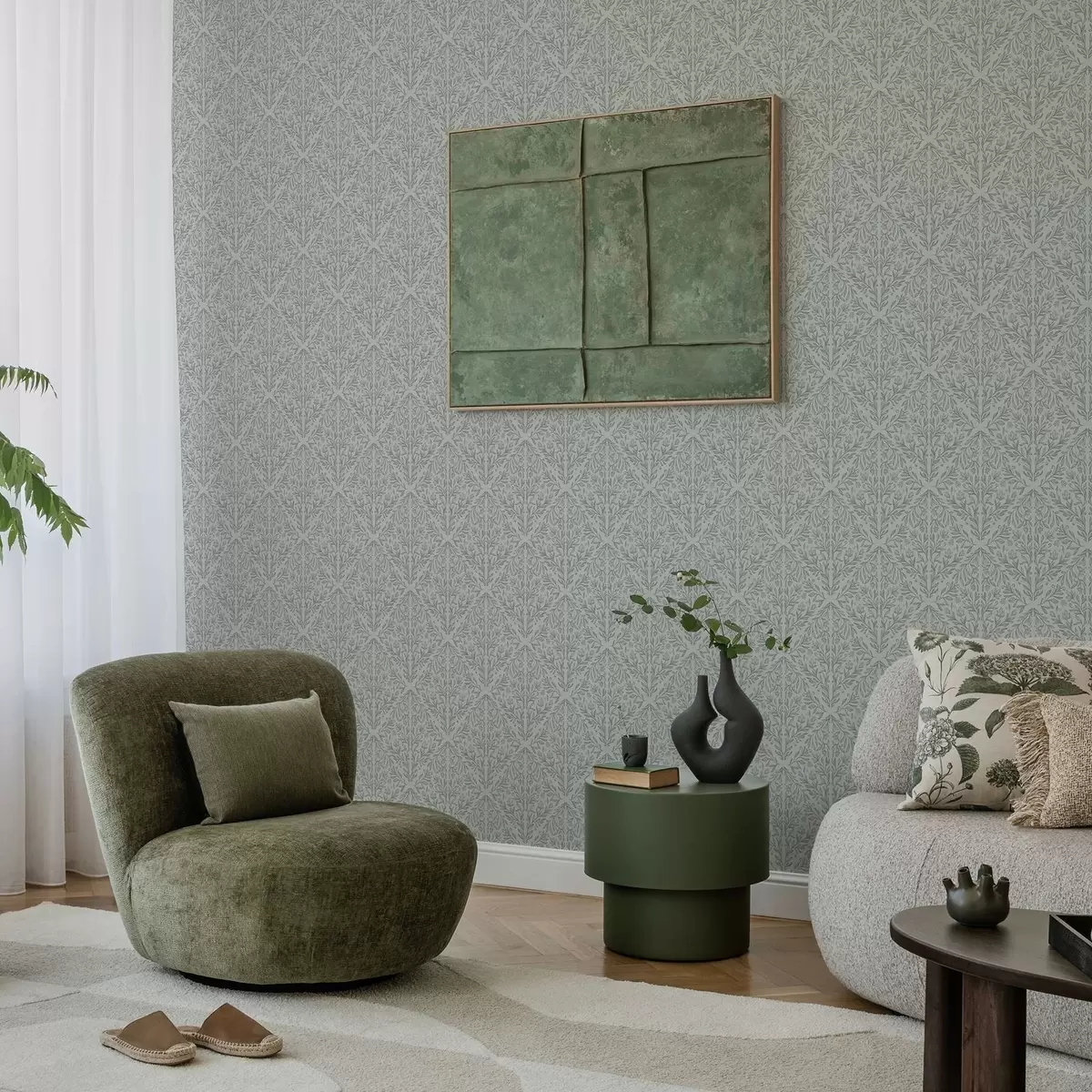 Tapete Botanischer Damast in Hellgrau mit weichen Konturen a00815v2