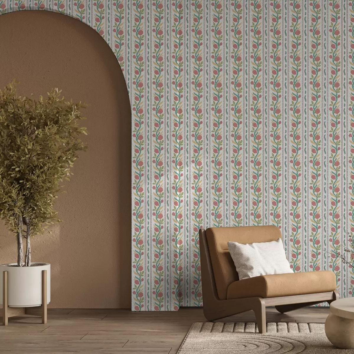 Baggrund Lodrette striber med koralblomster og turkise blade a00816