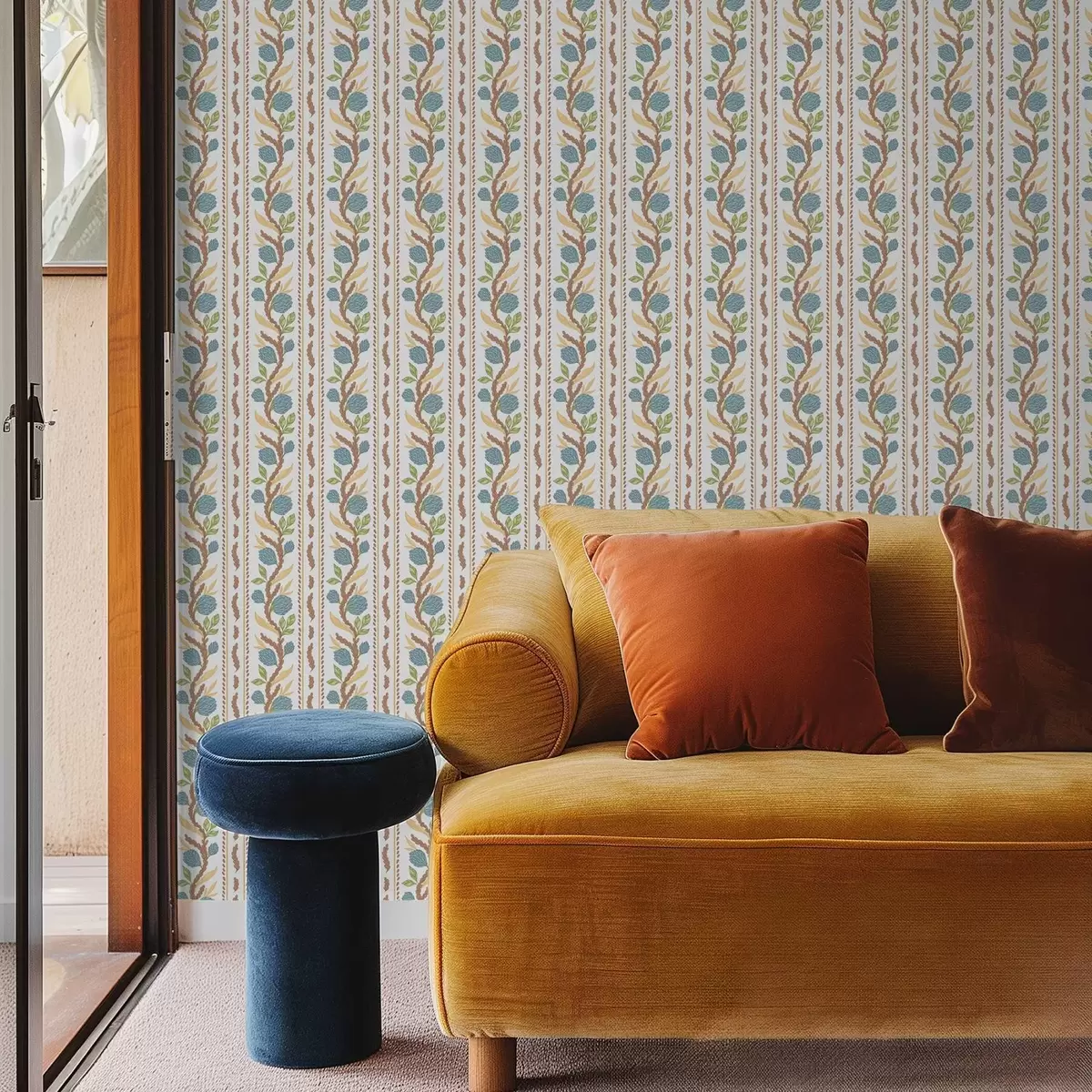 Baggrund Lodrette buketstriber med blå blomster a00816v2