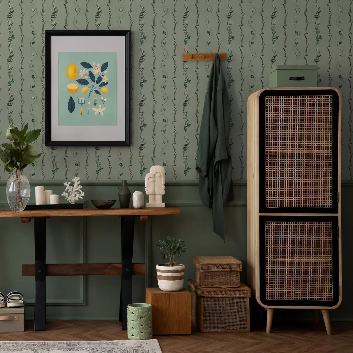 Baggrund Lodrette vinstokke og kviste på dæmpet grøn baggrund a00817v1