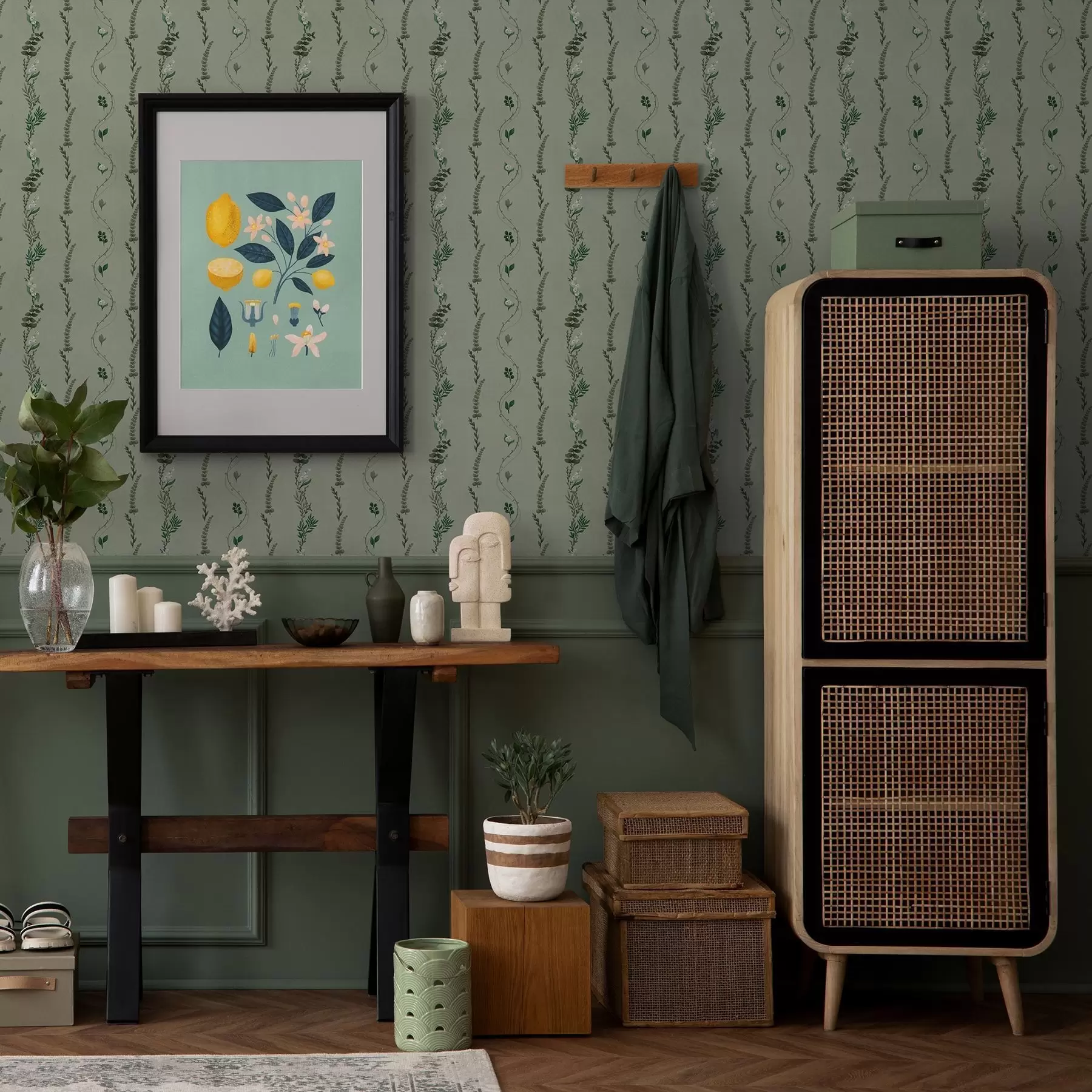 Murale Vignes verticales et brins sur fond vert discret a00817v1