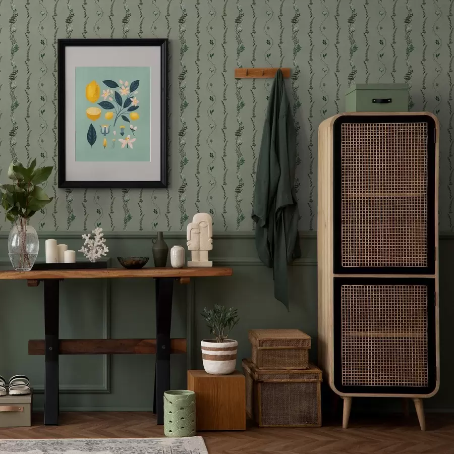 fototapeter Lodrette vinstokke og kviste på dæmpet grøn baggrund a00817v1