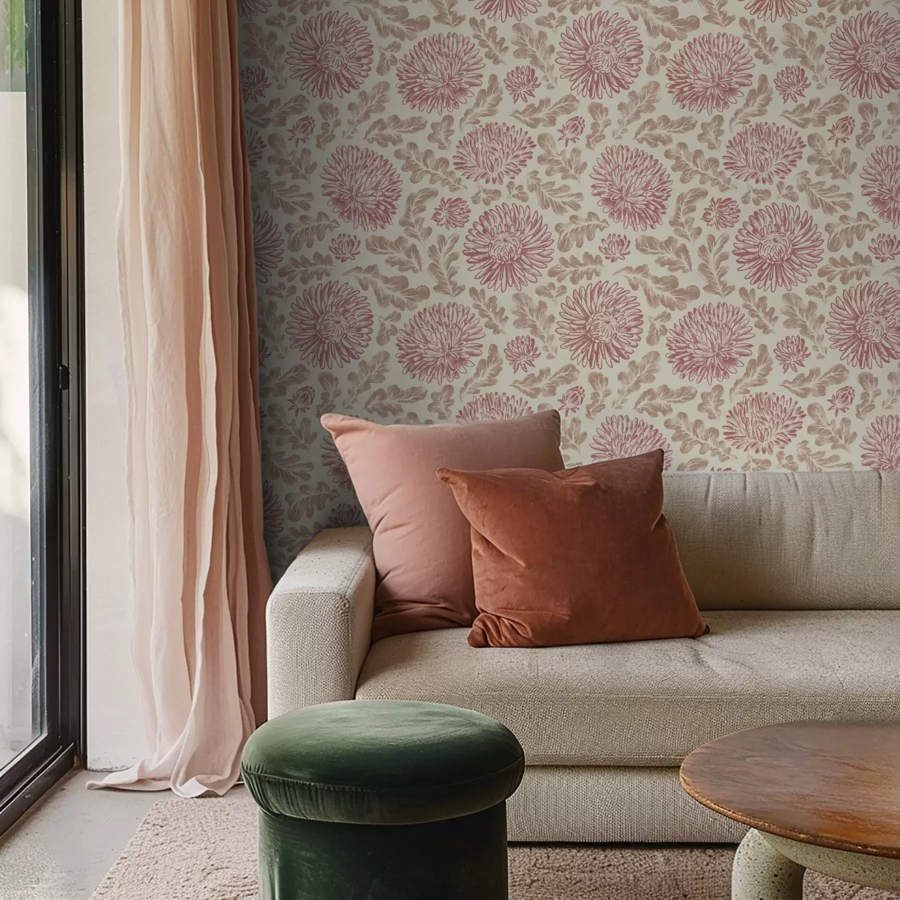 Murale Chrysanthèmes avec des accents de vin sur fond crème a00840v1