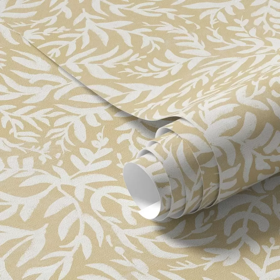 Murale Motif de feuilles blanches sur fond ocre chaud, rythme tourbillonnant a00845