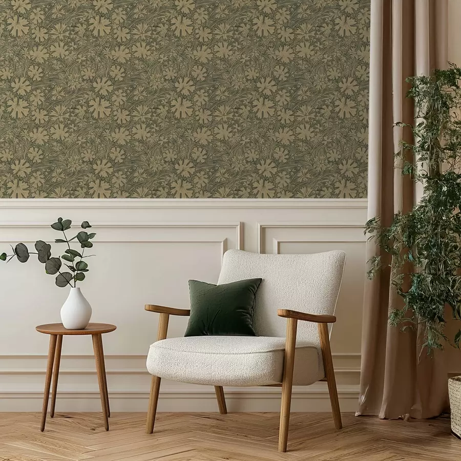 Murale Feuilles et herbes des champs dans des tons gris-olive a00847v1