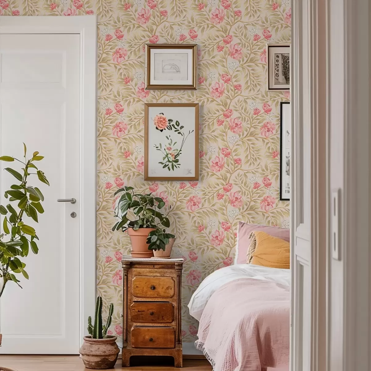 Baggrund Lyserøde blomster, hvide blomster og okkerfarvet løv a00855