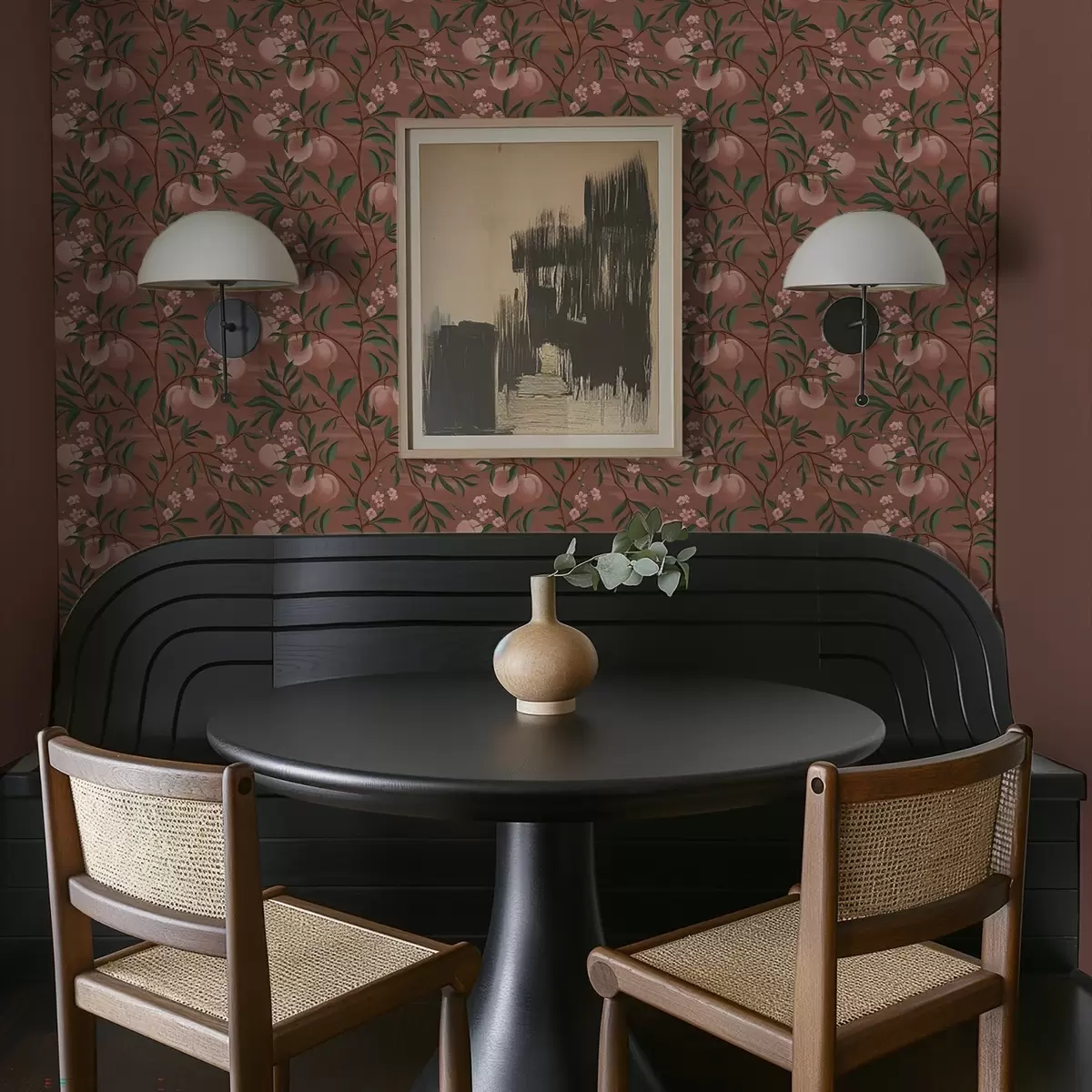 Baggrund Ferskner på grene med lyserøde blomster, terrakottafarvet baggrund a00856