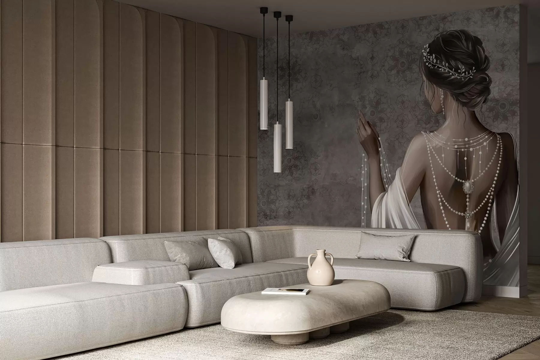 fototapeter Kvinde set bagfra med perler, grå stenmønstret baggrund w04854