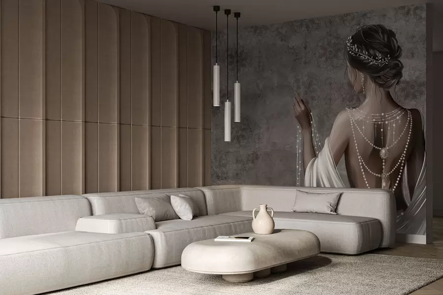 fototapeter Kvinde set bagfra med perler, grå stenmønstret baggrund w04854