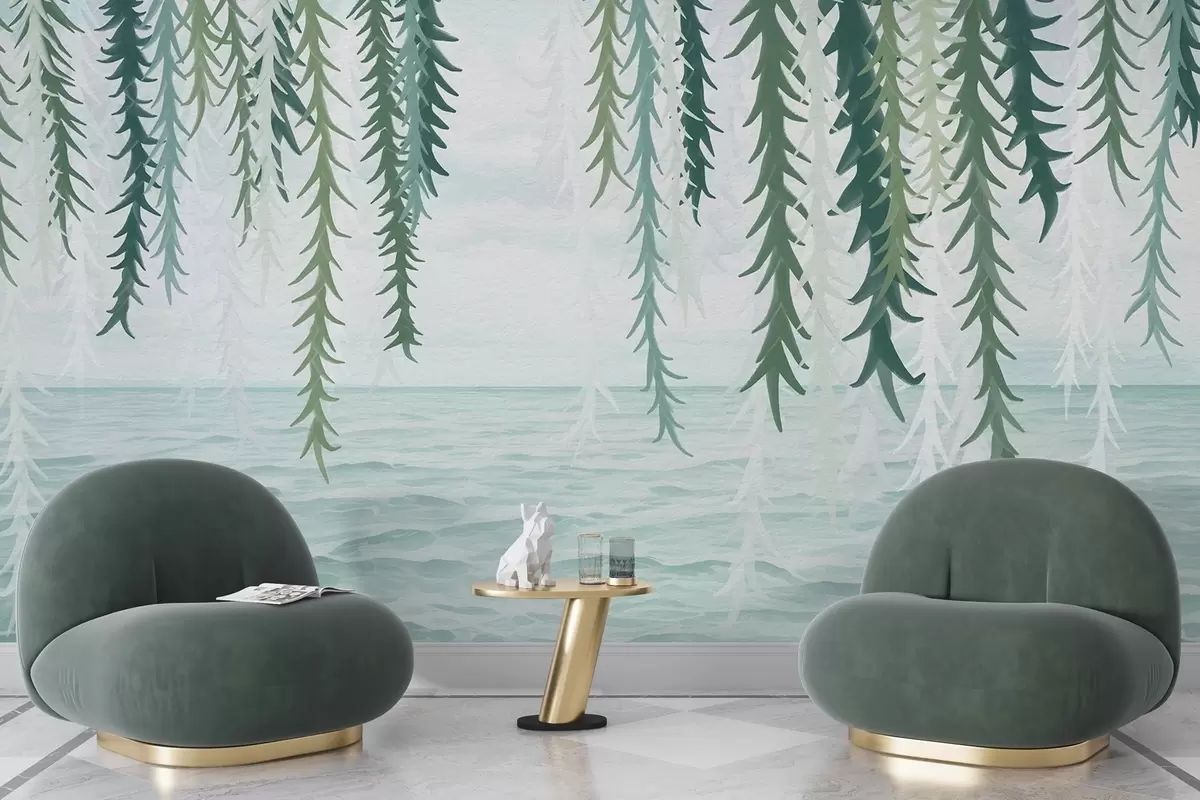 fototapeter Delikate vinstokke hængende over vand i akvarelstil w04830