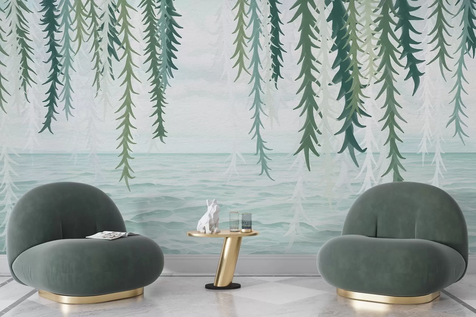 Fototapete Zarte Reben, die über Wasser hängen, im Aquarellstil w04830