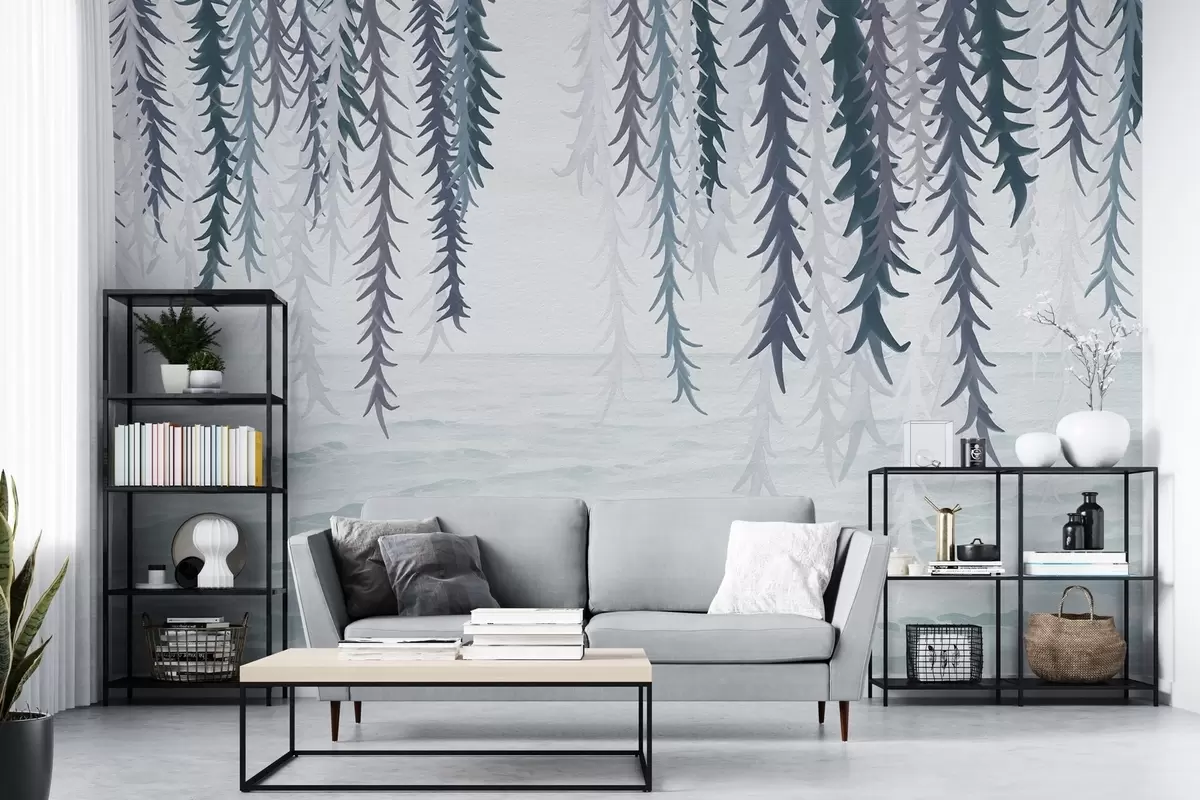 fototapeter Delikate vinstokke hængende over vand i akvarelstil w04830v3