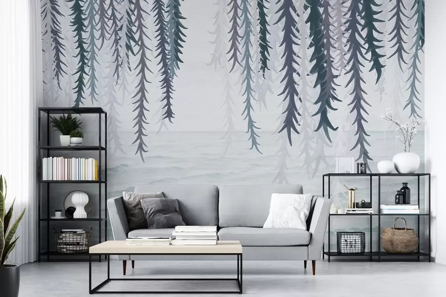 fototapeter Delikate vinstokke hængende over vand i akvarelstil w04830v3