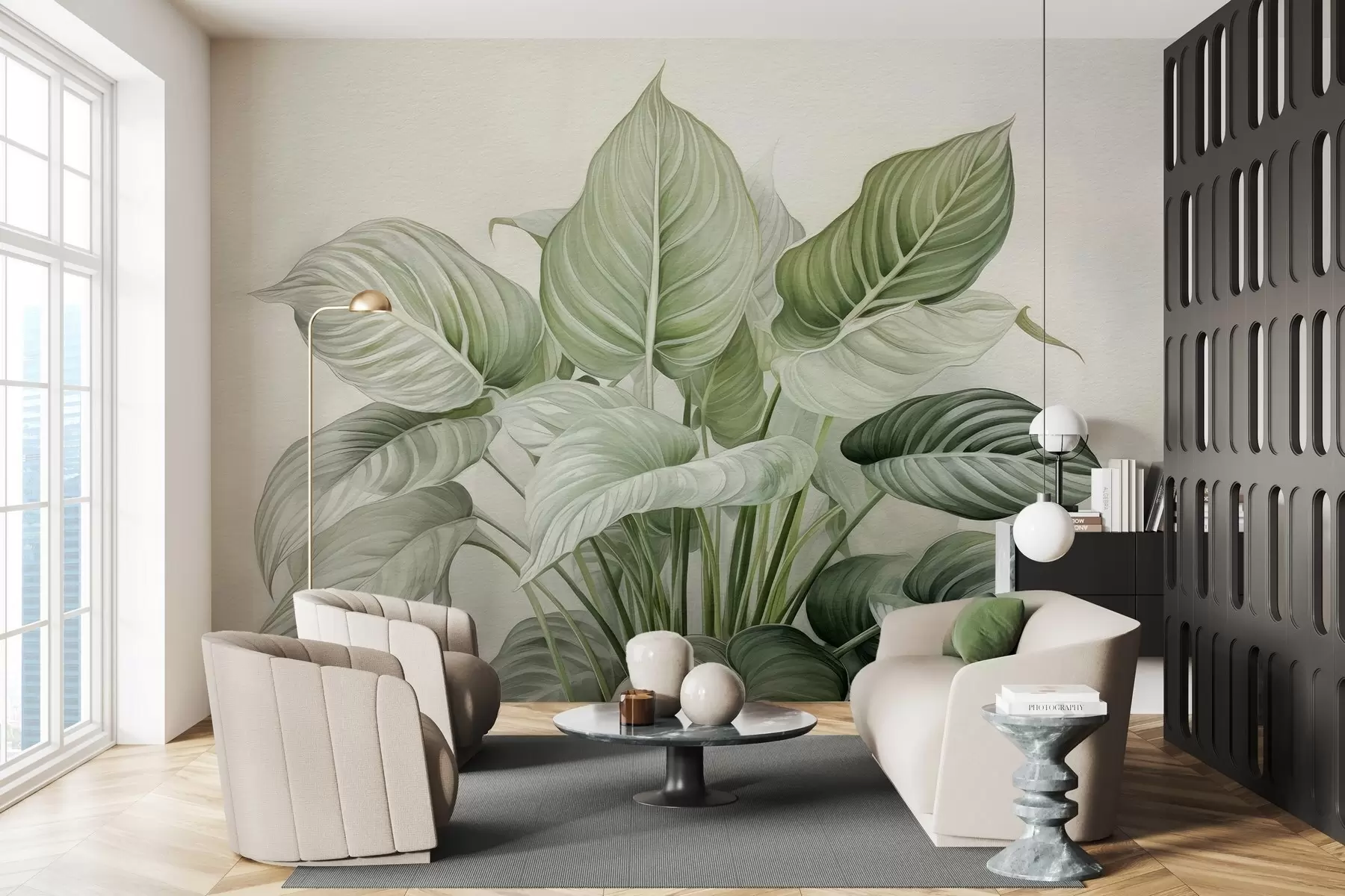 Murale Buisson luxuriant de feuilles vertes sur le mur w04835