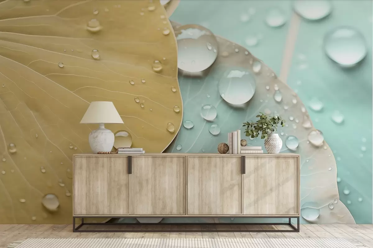 fototapeter Vanddråber på blade makro akvarel w04838v1