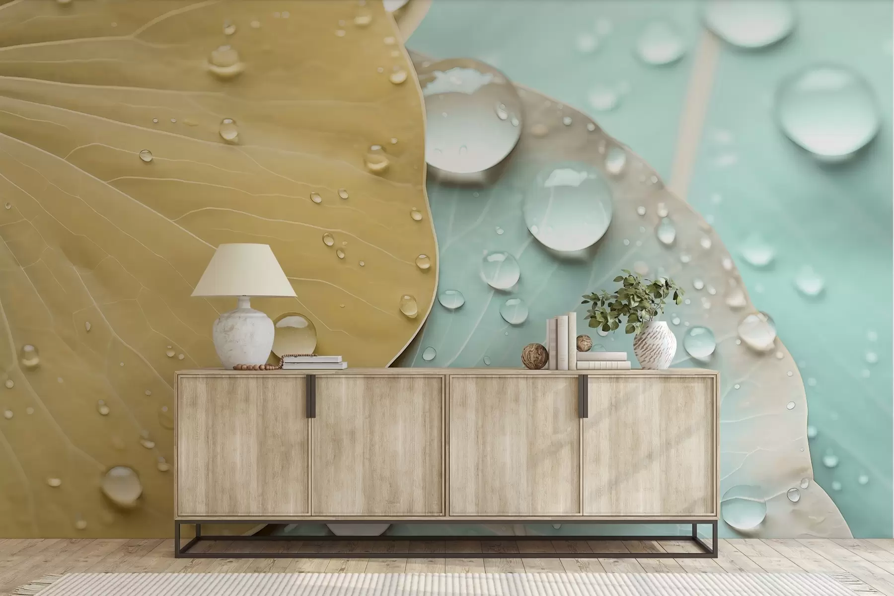 fototapeter Vanddråber på blade makro akvarel w04838v1