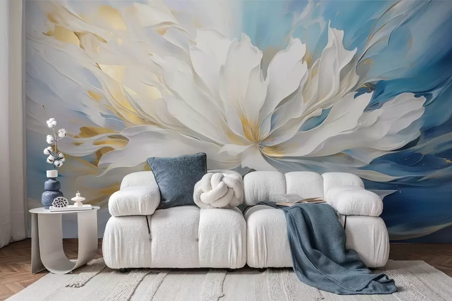 Murale Grande pivoine blanche peinte à l'huile sur fond bleu-jaune w09511