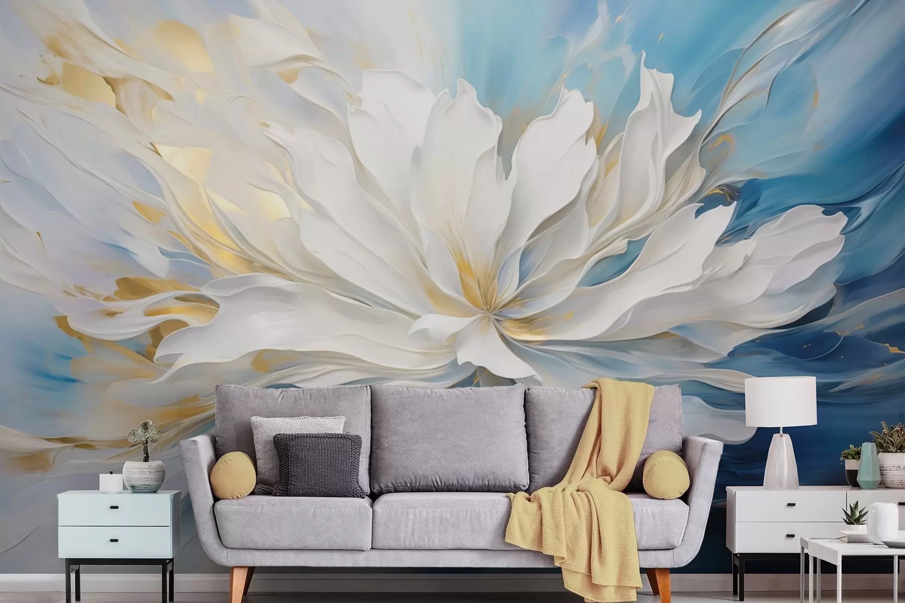 fototapeter Stor hvid pæon i oliemaleri-stil på en blå-gul baggrund w09511