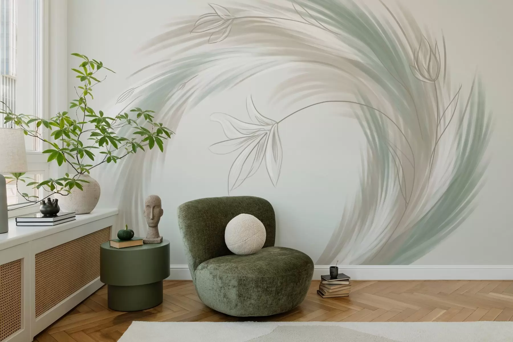 Fototapete grüne und beige Federn und Blumen, handbemalt w04816