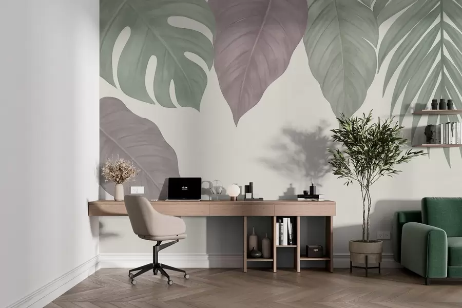 Murale grandes feuilles tropicales dans un style simple, vues d'en haut w04819