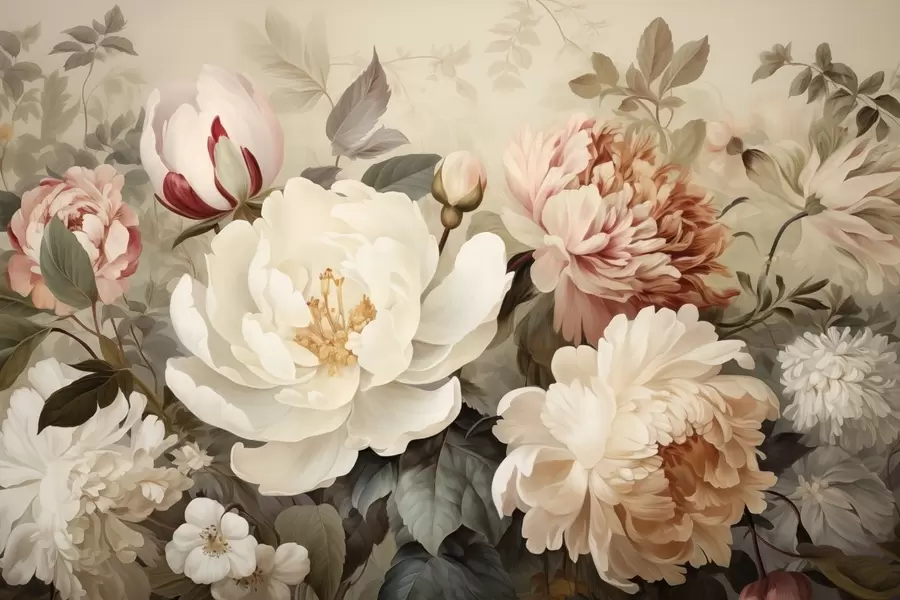 fototapeter Blide pæoner og krysantemum i pastelfarver w09350