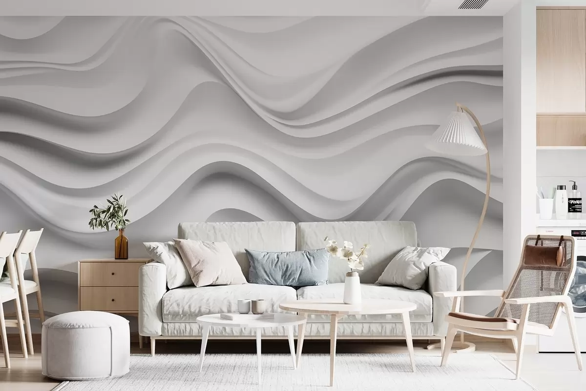 Murale Composition 3D abstraite en noir et blanc avec des vagues douces w09506