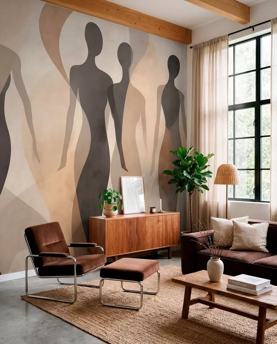 fototapeter Silhuetfigurer og bløde bølger i varme beige-grå toner w04787
