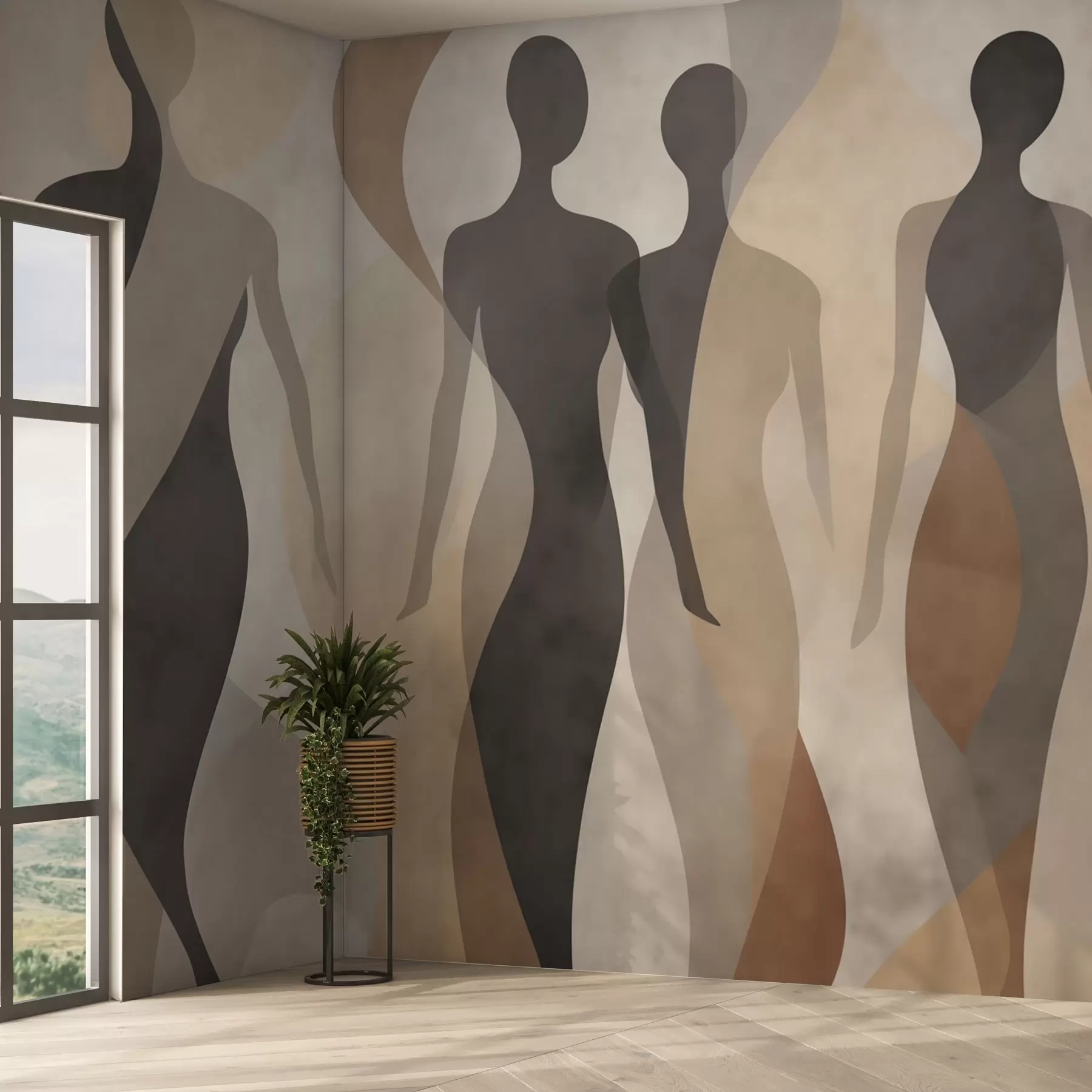Murale Silhouettes et vagues douces dans des tons chauds beige-gris w04787