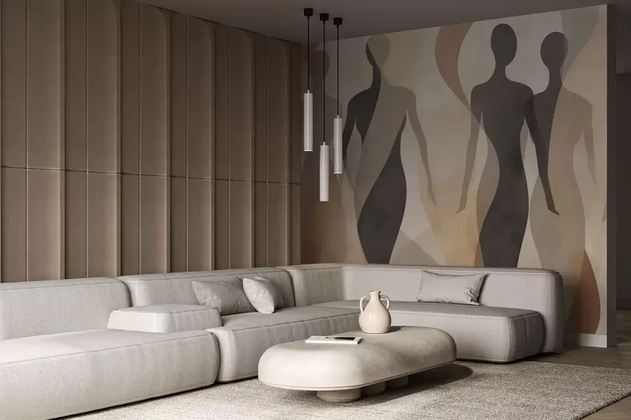 Fototapete Silhouetten und sanfte Wellen in warmen Beige-Grau-Tönen w04787