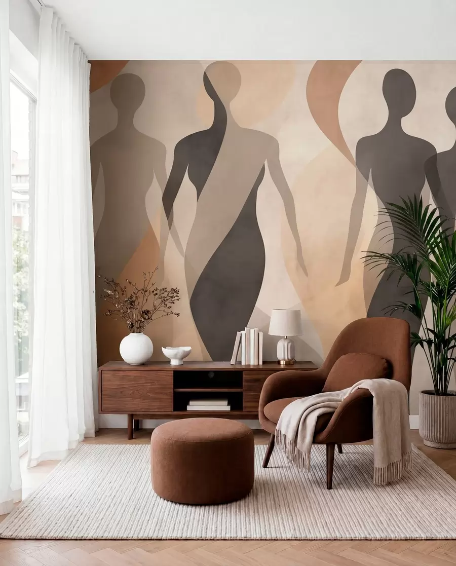 Murale Silhouettes et vagues douces dans des tons chauds beige-gris w04787