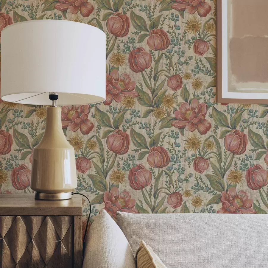 fototapeter Vintage tulipaner og asters, struktureret cremefarvet baggrund a00773