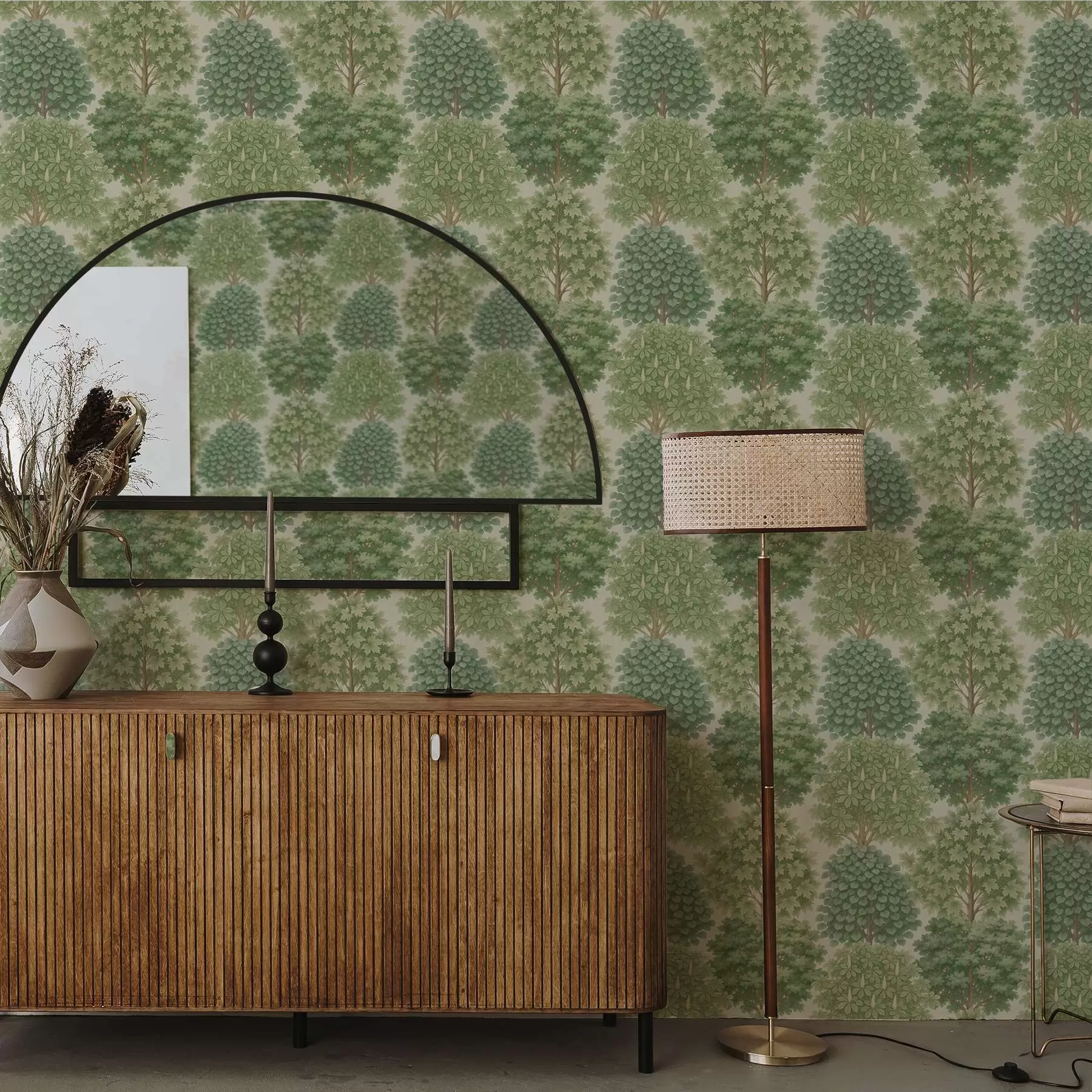 fototapeter Træhave i bløde grønne nuancer på en lys baggrund a00775