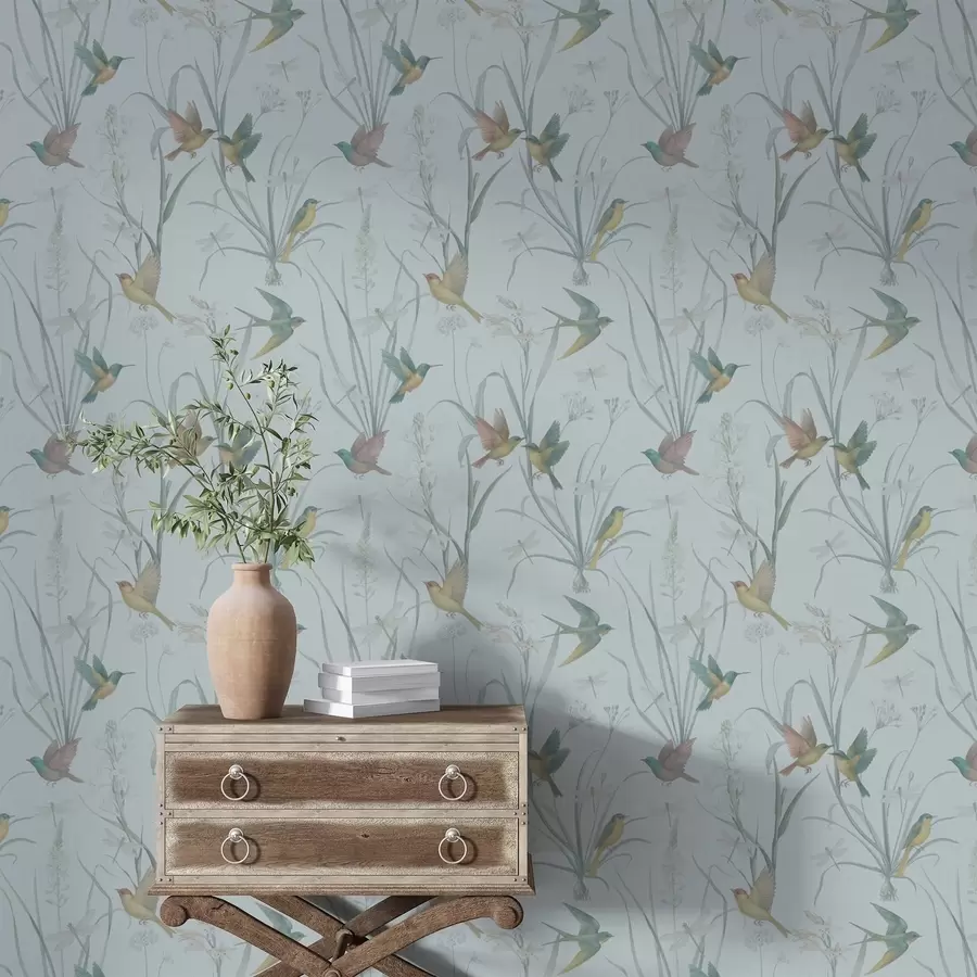 fototapeter Fugle blandt enggræs på gråblå baggrund a00776