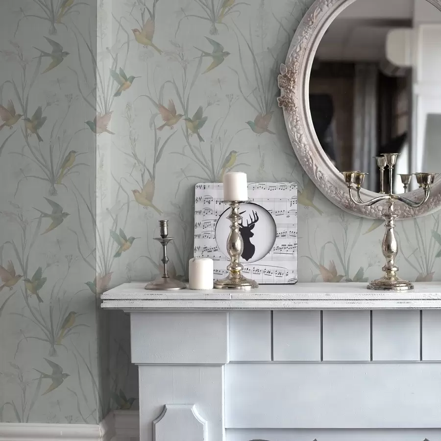 fototapeter Fugle blandt enggræs på lysegrå baggrund a00776v1