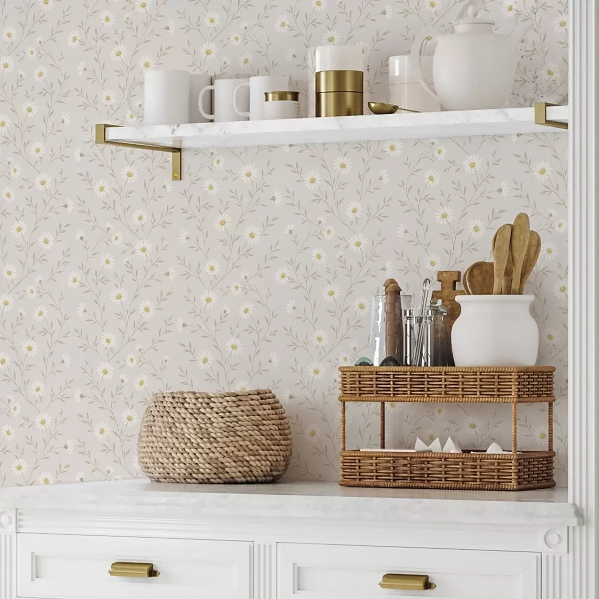 Baggrund Små tusindfryd på kviste, varm beige a00777