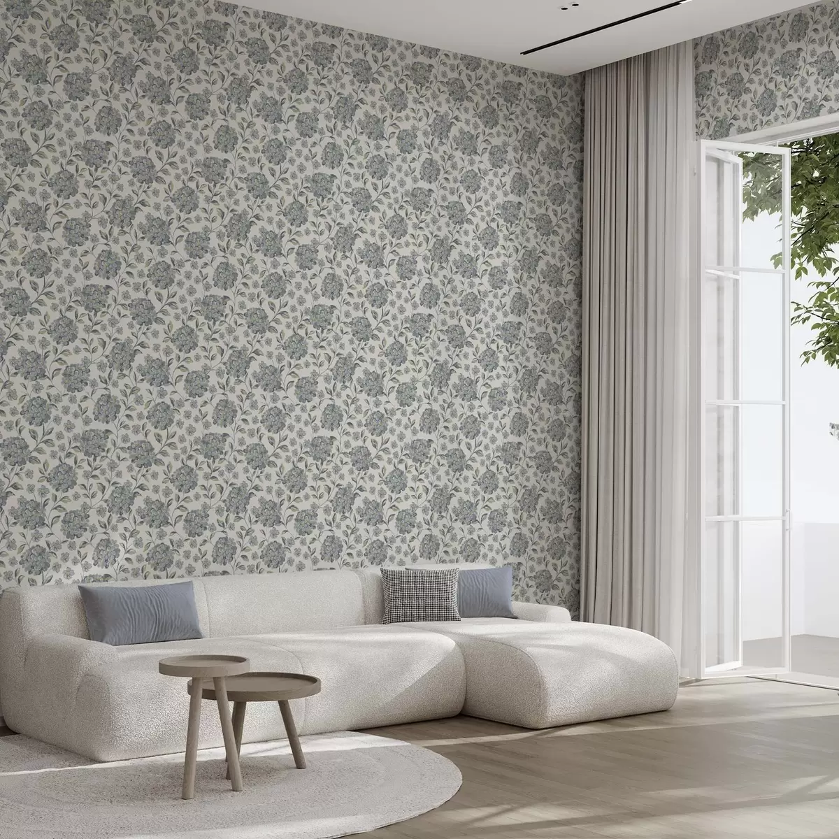 Baggrund Børstede blomster og blade i en gråblå palet a00778