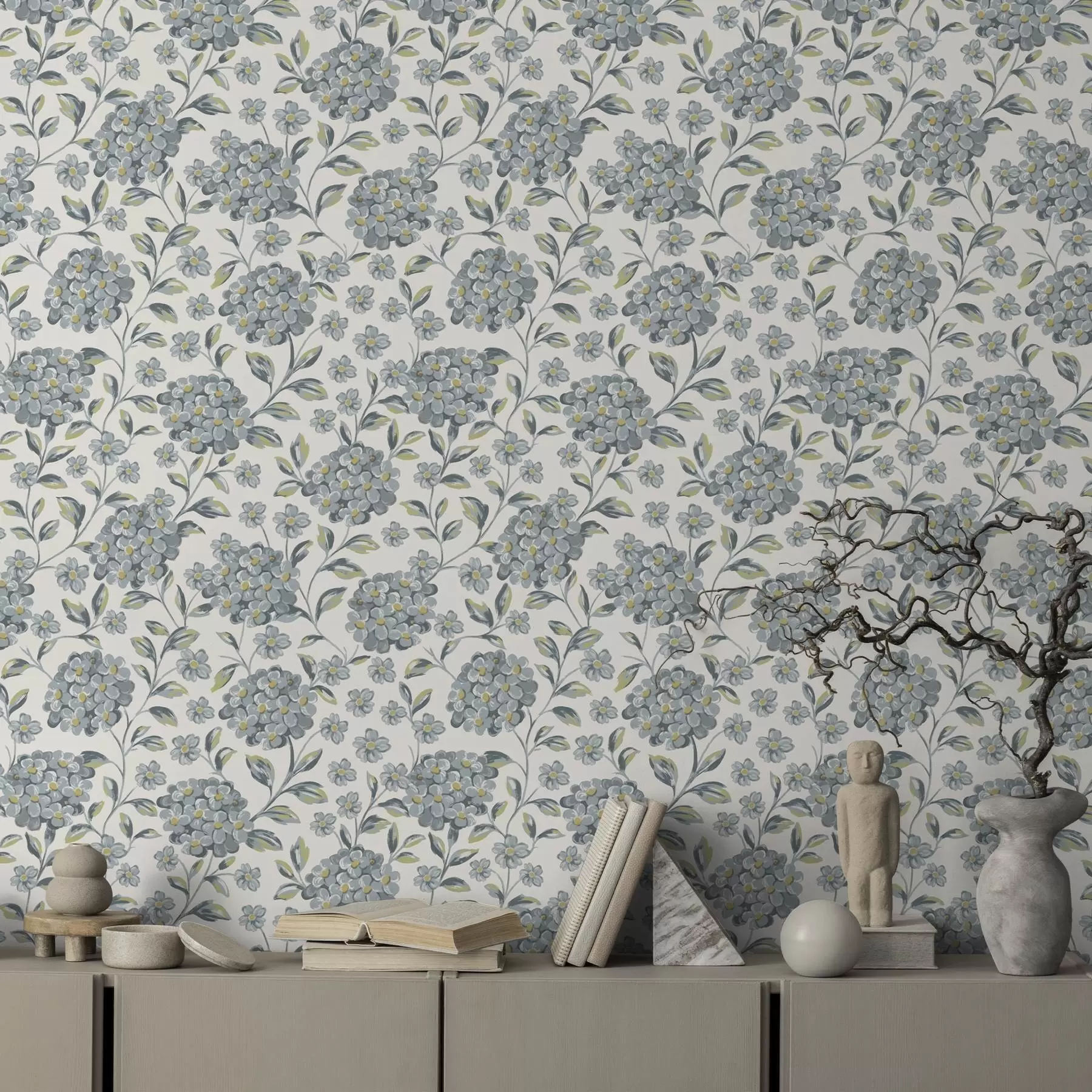 Murale Fleurs et feuilles touffues dans une palette gris-bleu a00778