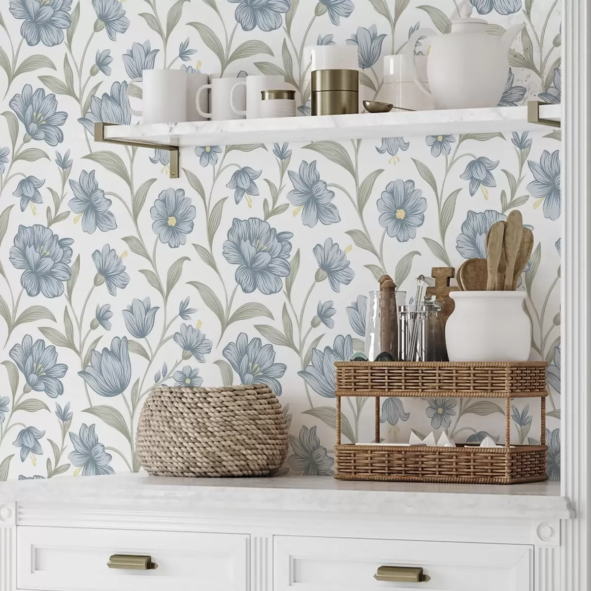 Baggrund Støvede blå blomster med olivenblade på hvid baggrund a00780