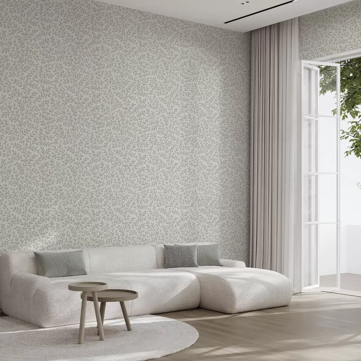 Tapete Zweige mit Blättern und Beeren, hellcremefarben und salbeifarben a00783