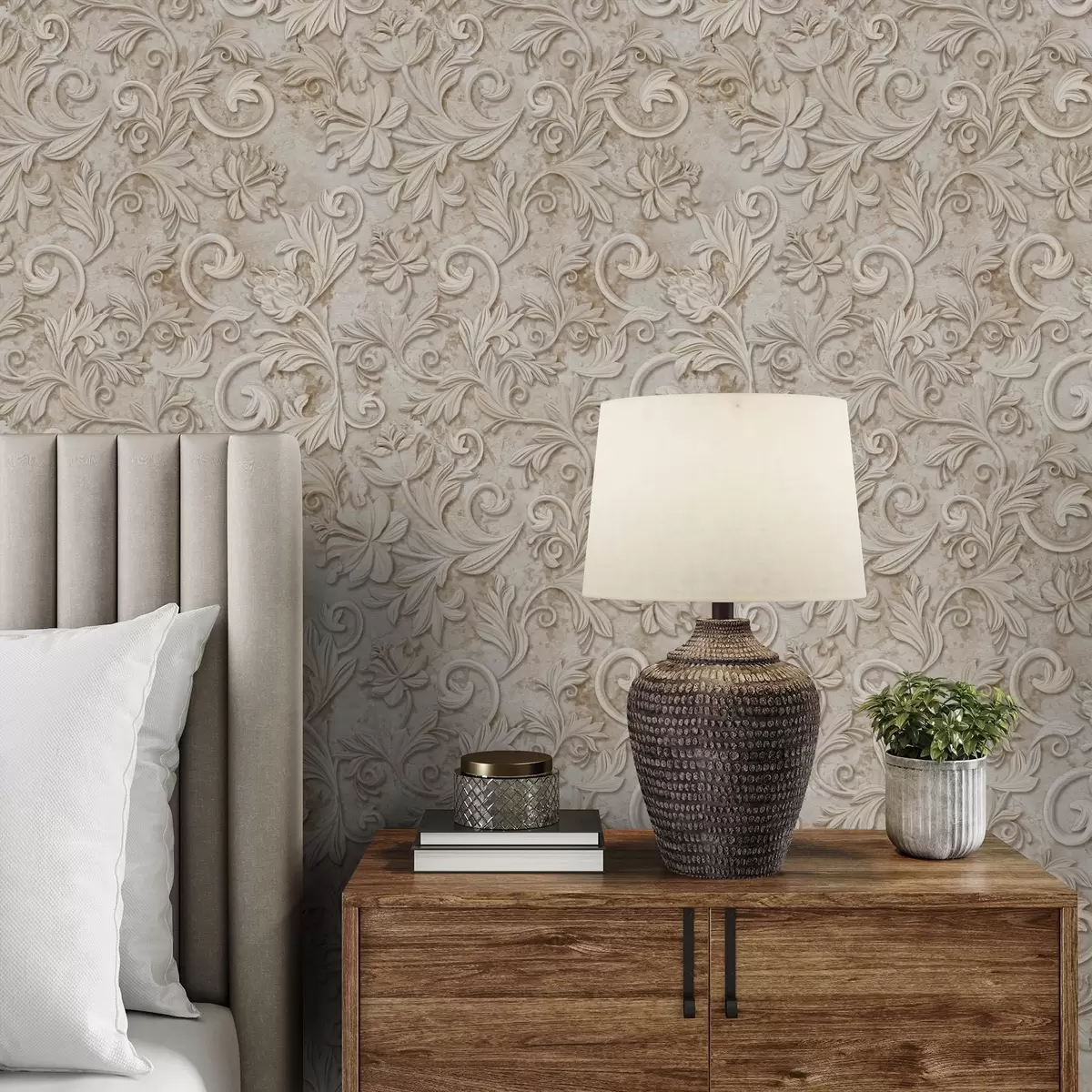 Baggrund Stenrelief med blomsterranker, vintage beige a00784