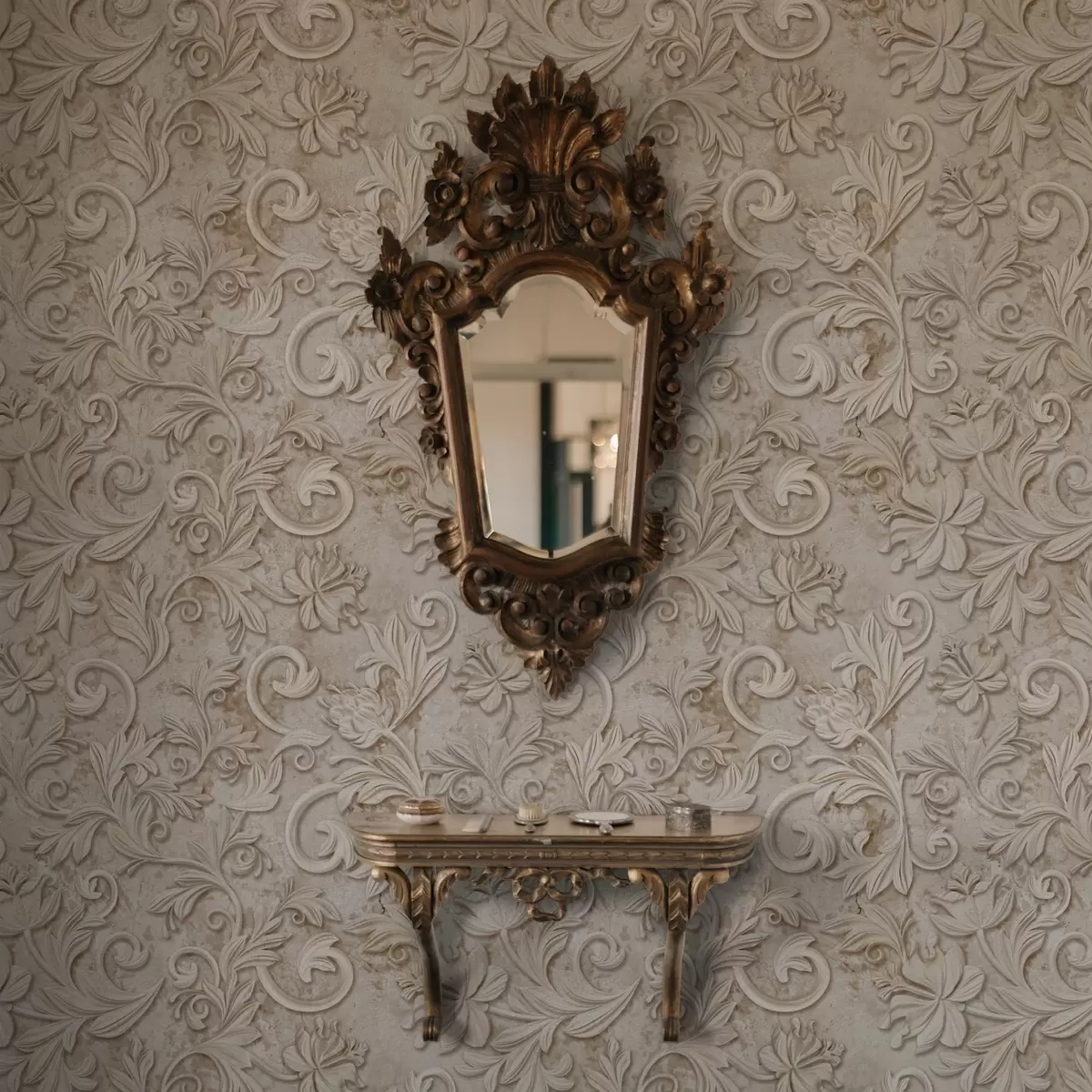 Tapete Steinrelief mit floralen Schnörkeln, Vintage-Beige a00784