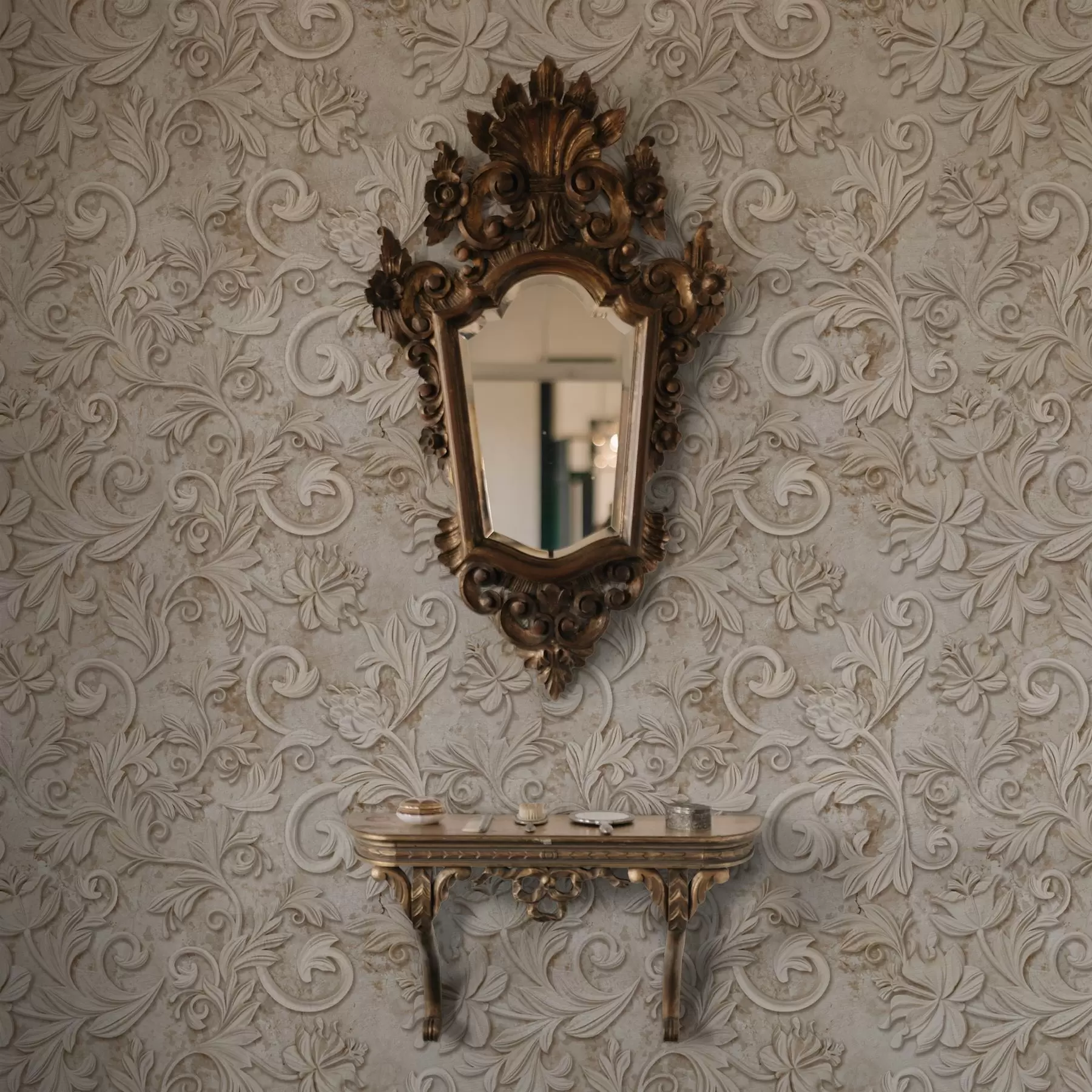 Fototapete Steinrelief mit floralen Schnörkeln, Vintage-Beige a00784